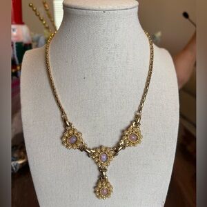 Vintage Goldtone Harlequin Glass Opal Faux Pearl Drop Choker Necklace